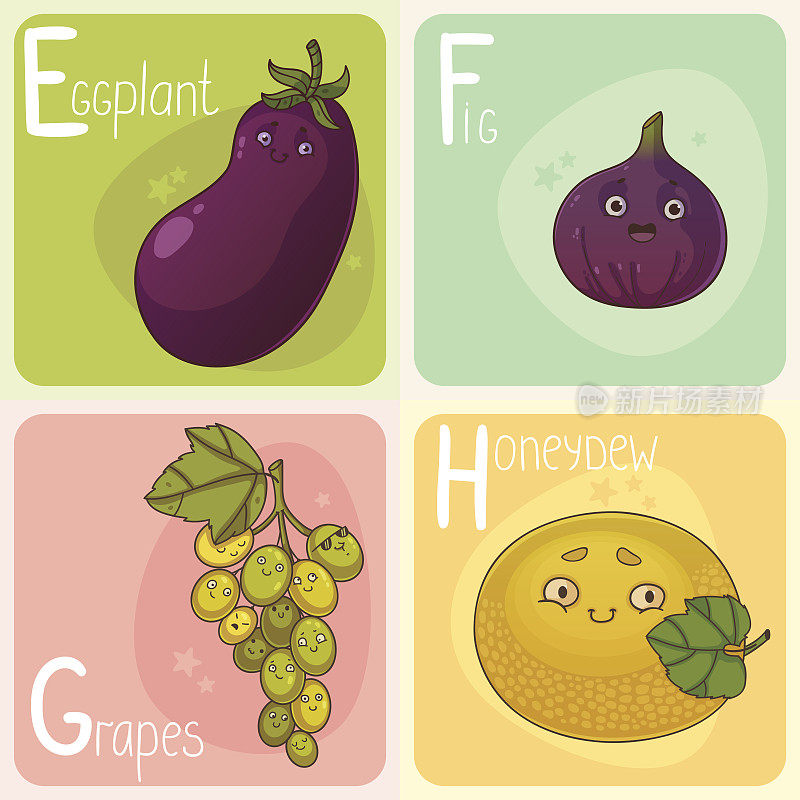 可爱的蔬菜和水果字母-字母E, F, G和H
